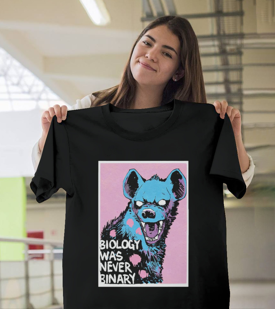 Biology Was Never Binary Blue Hyena Pink Background T-Shirt