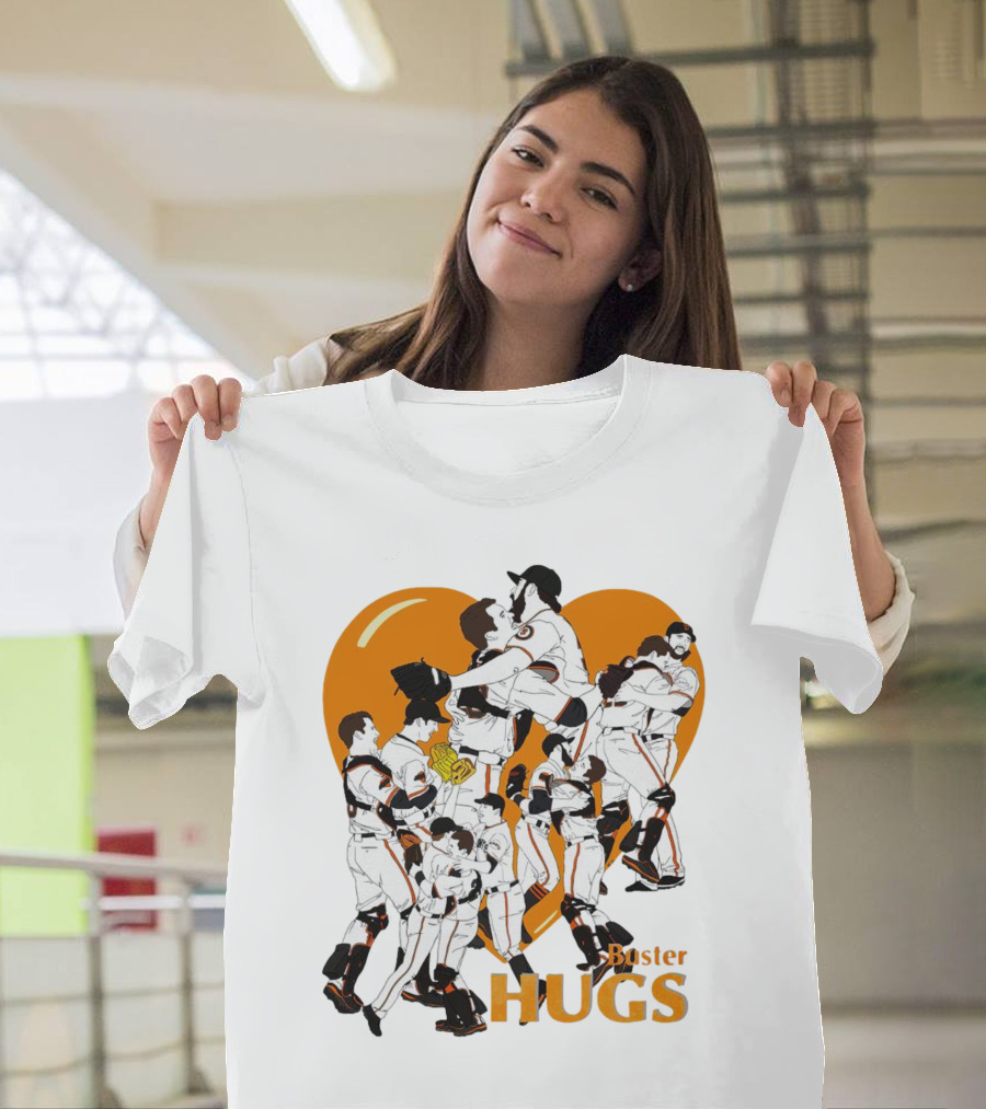 Buster Hugs San Francisco Giants Orange Heart Players Embrace T-Shirt