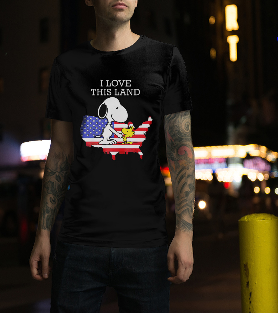 Snoopy Woodstock I Love This Land American Flag USA Map T-Shirt
