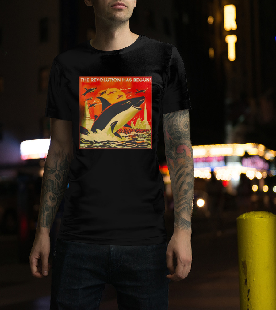 The Revolution Has Begun Orca Tower Attack With Jumping Killer Whales And Red Sky T-Shirt