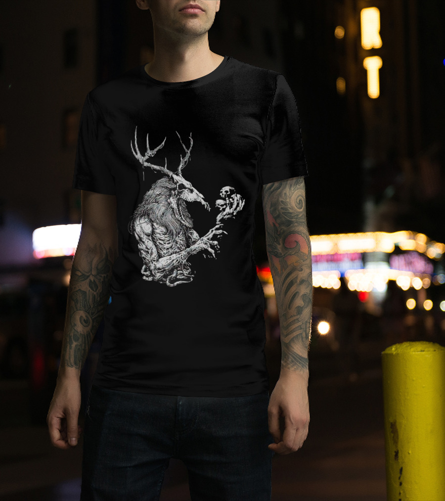 Wendigo Antlered Skull Creature Grasping Skulls T-Shirt