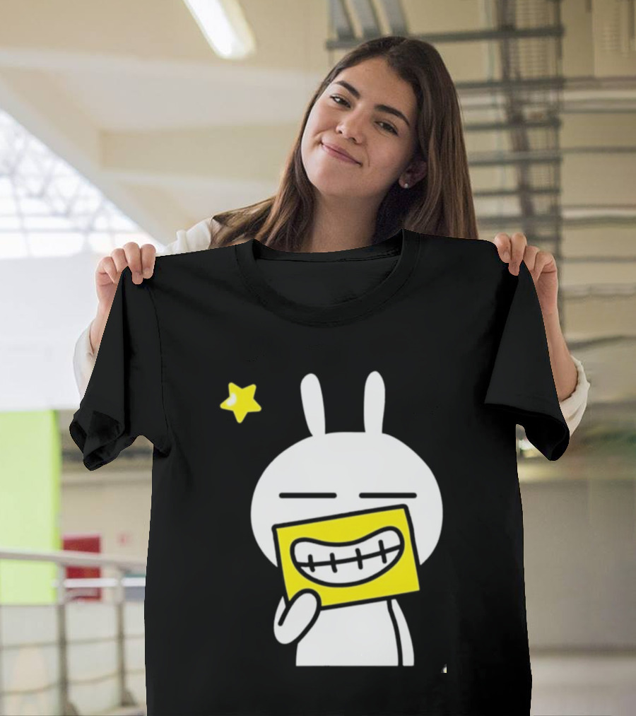 Tuzki Holding Fake Smile Cartoon Character with Star T-Shirt