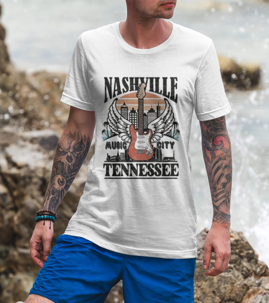 Nashville Tennessee Music City Electric Guitar Skyline Wings T-Shirt