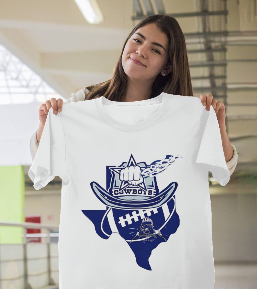 Texas Cowboys Star Hat Fist Football Map T-Shirt