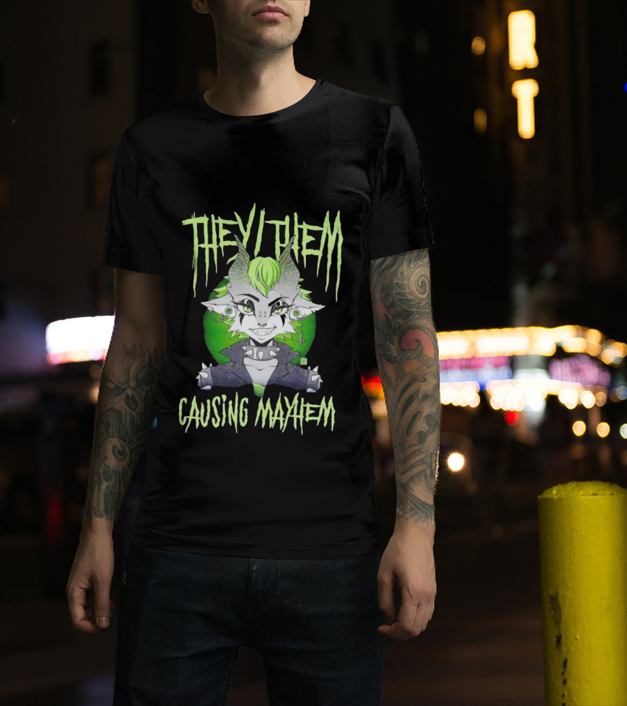 They Them Causing Mayhem Punk Monster Character With Green Hair And Spikes T-Shirt