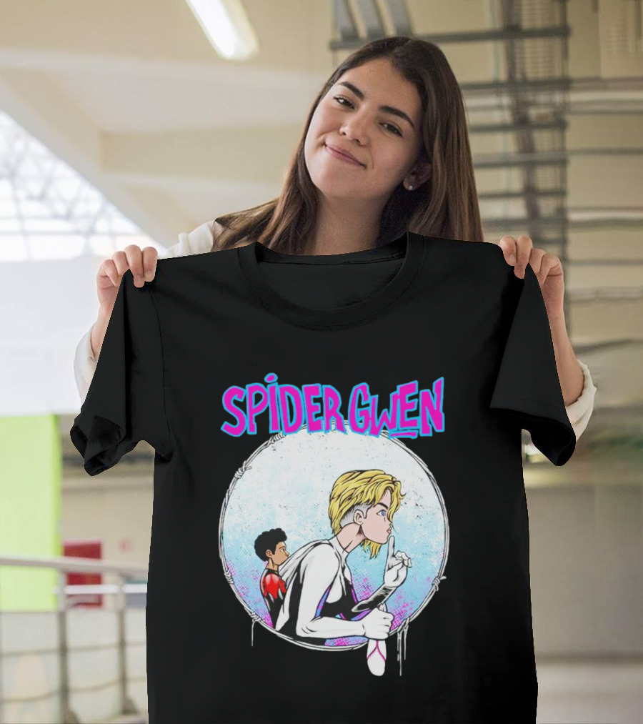 Spider-Gwen Silence Gesture with Spider Emblem Background T-Shirt