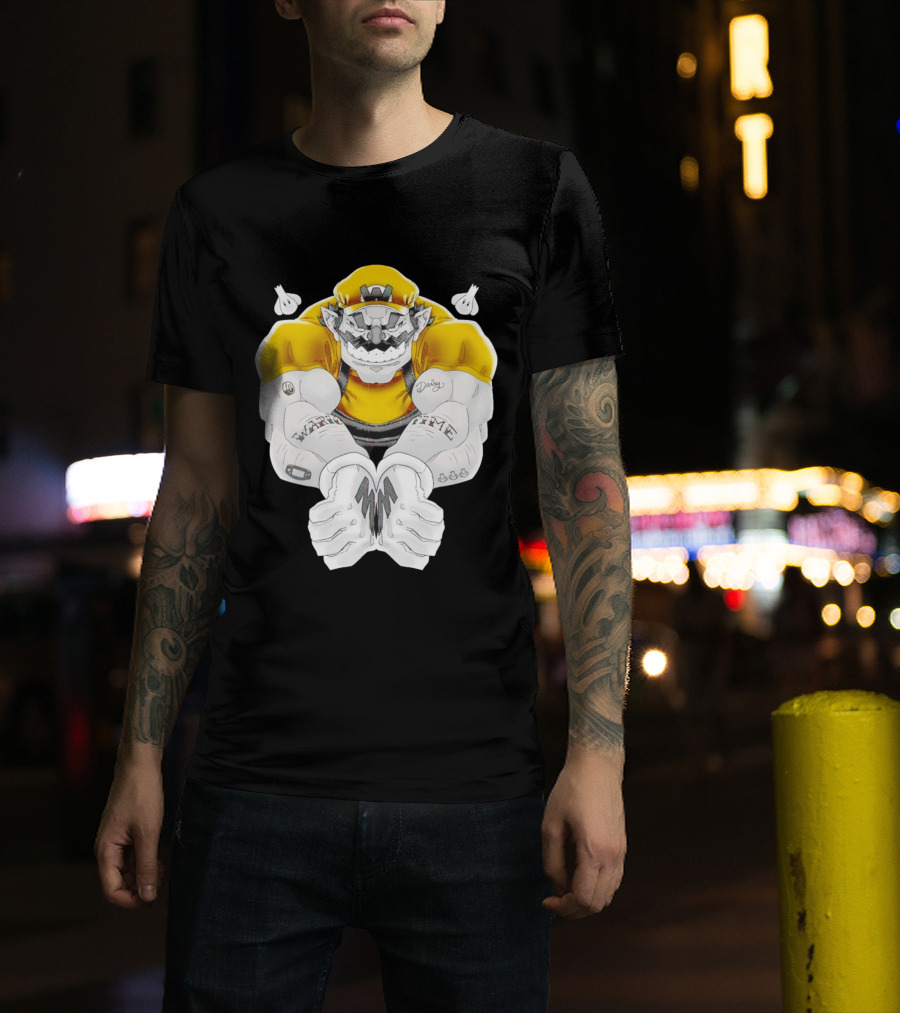 Wario Time Mario Daisy Tattoo With Yellow Cap And Muscle Pose T-Shirt