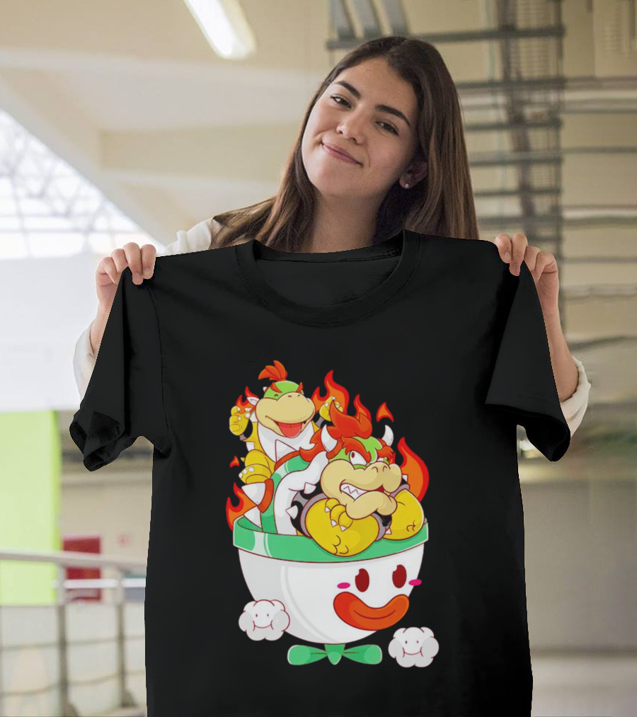 Bowser and Bowser Jr. Father and Son in Clown Car with Flames T-Shirt