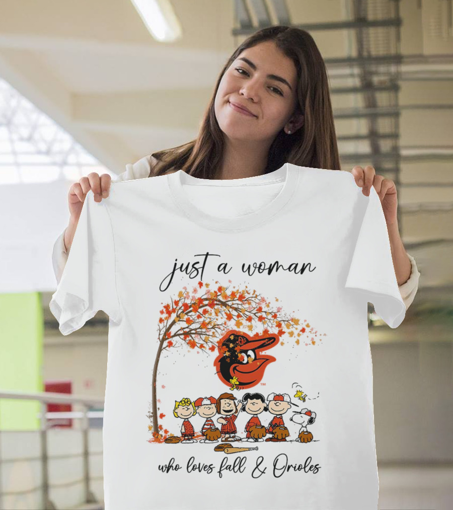 Just A Woman Who Loves Fall And Orioles Peanuts Football Thanksgiving T-Shirt
