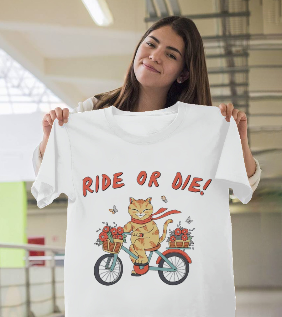 Ride or Die Catana Bike Riding Cat with Flowers and Scarf T-Shirt