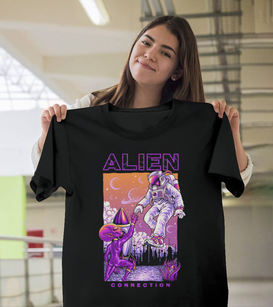 Alien And Astronaut Universal Bond Under Neon Cosmic Sky T-Shirt