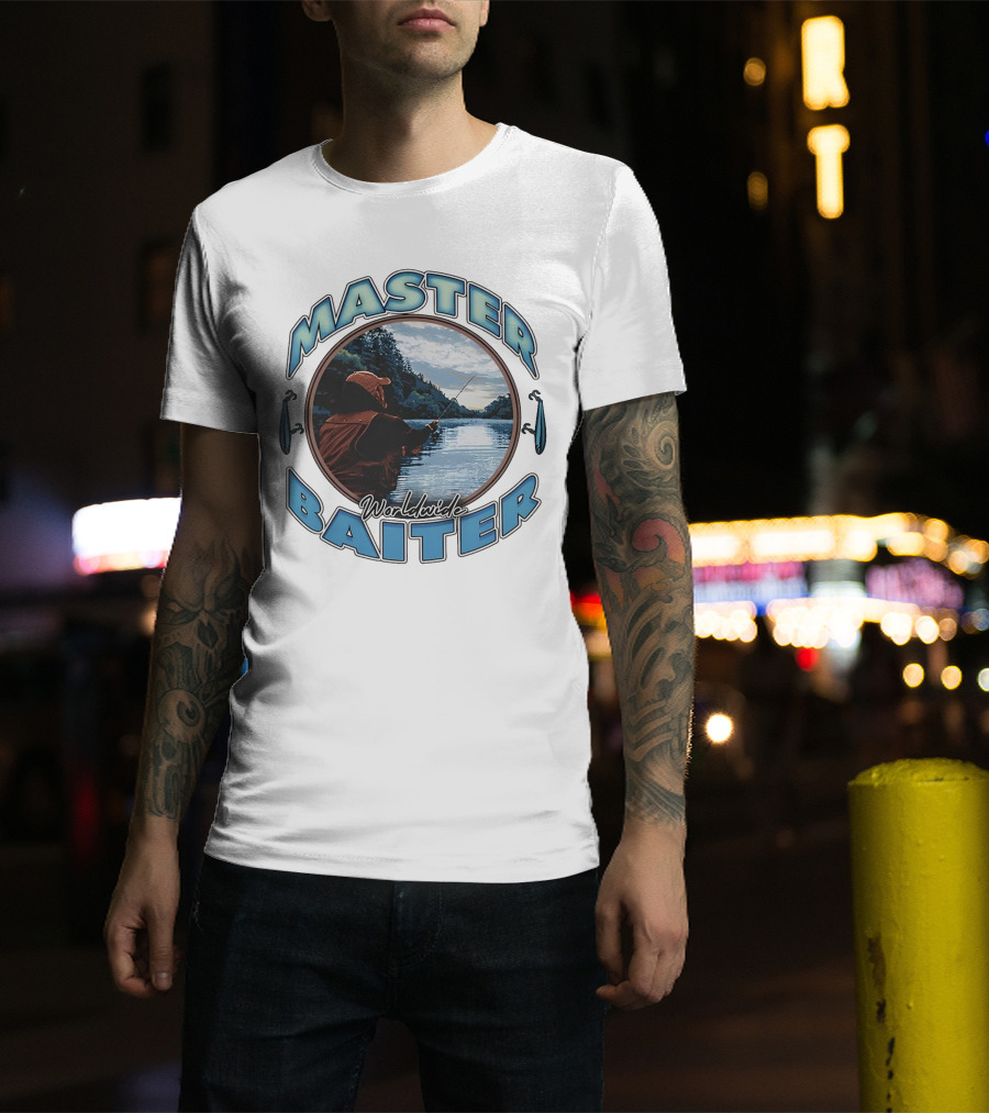 Master Baiter Worldwide Fishing Scene With Blue Text And Water Reflection T-Shirt