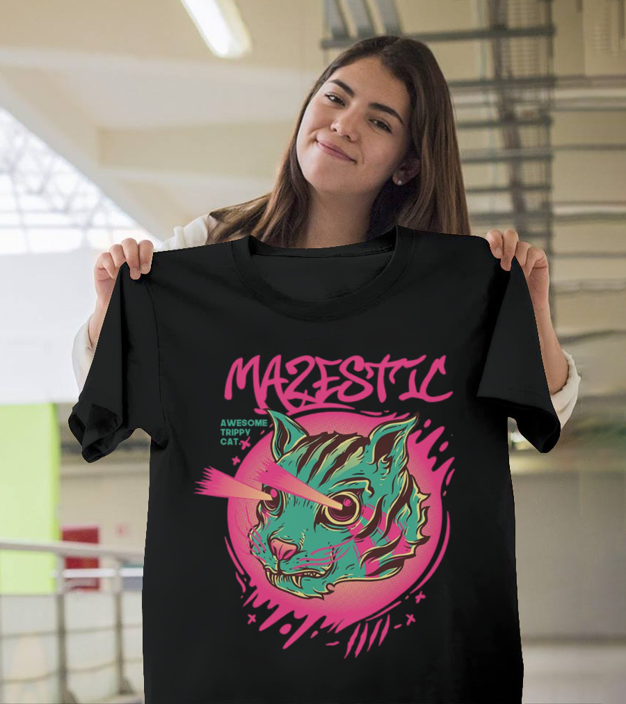 Mazestic Awesome Trippy Cat Psychedelic Neon Laser Eyes T-Shirt