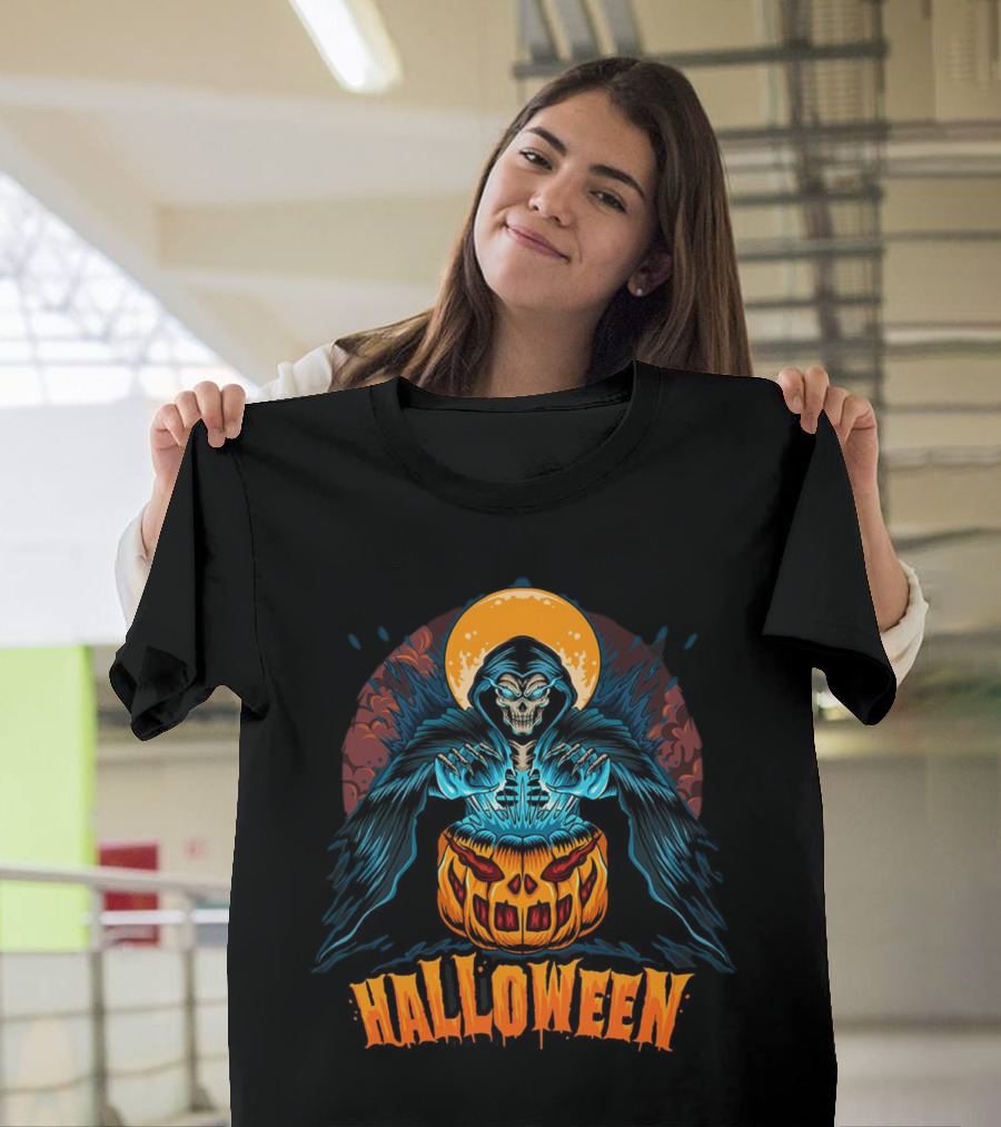 Grim Reaper with Pumpkin and Full Moon Halloween T-Shirt