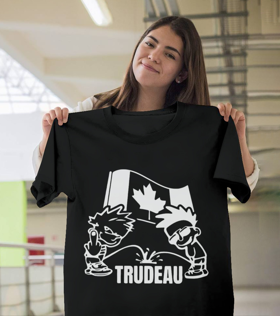 Trudeau Cartoon Characters with Middle Finger and Canadian Flag T-Shirt