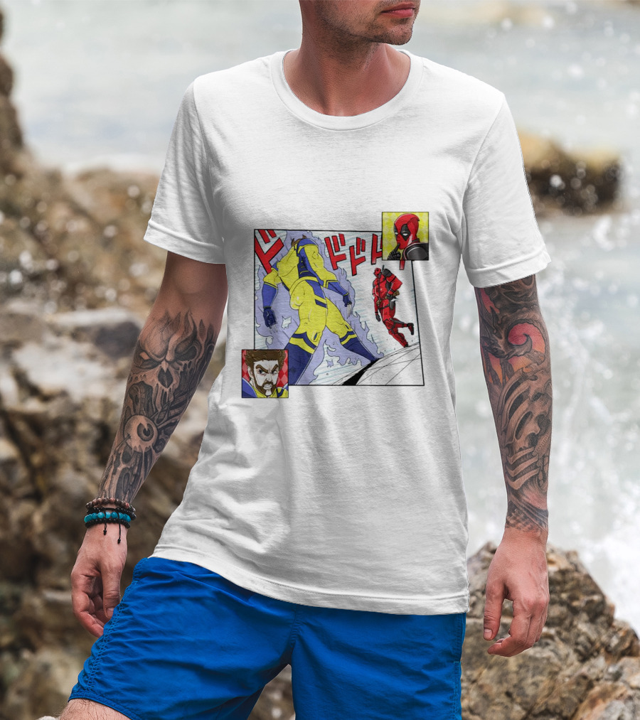 Intimate Enemies Deadpool Confrontation With Wolverine Comic Style Panel T-Shirt
