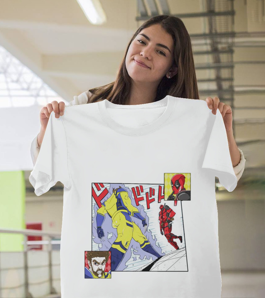 Intimate Enemies Deadpool Confrontation With Wolverine Comic Style Panel T-Shirt