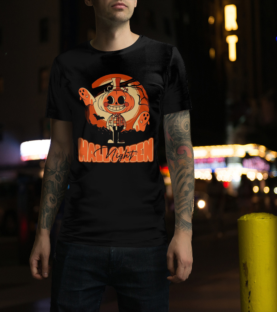 Halloween Night Pumpkin Head Boy With Ghosts And Bats T-Shirt