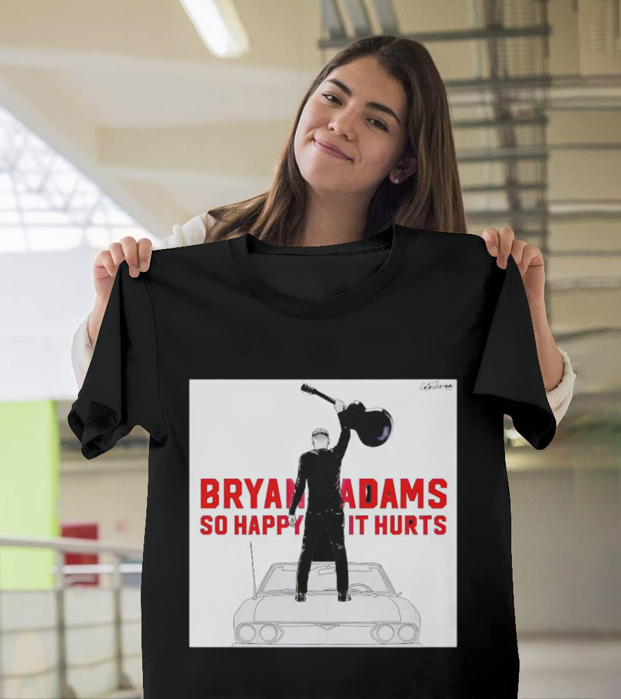 Bryan Adams So Happy It Hurts Album Cover Art Standing on Car with Guitar T-Shirt