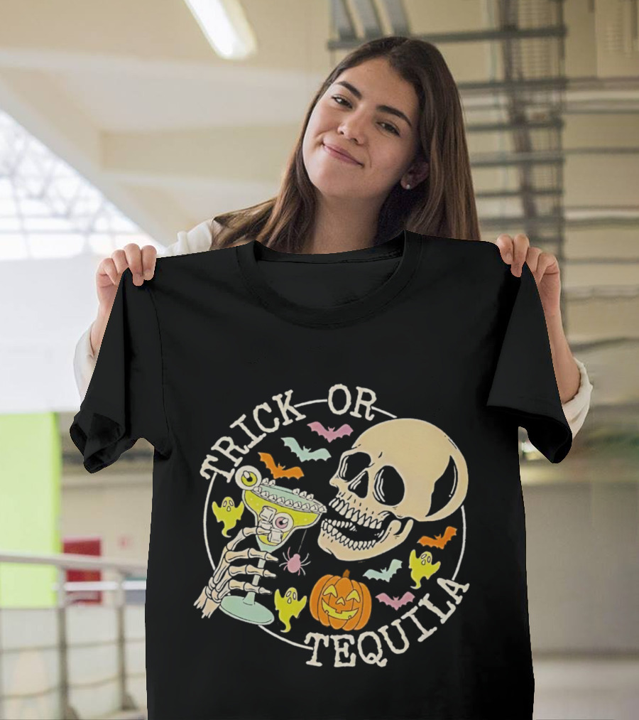 Trick Or Tequila Halloween Skeleton With Margarita, Bats, Ghosts, And Pumpkin T-Shirt