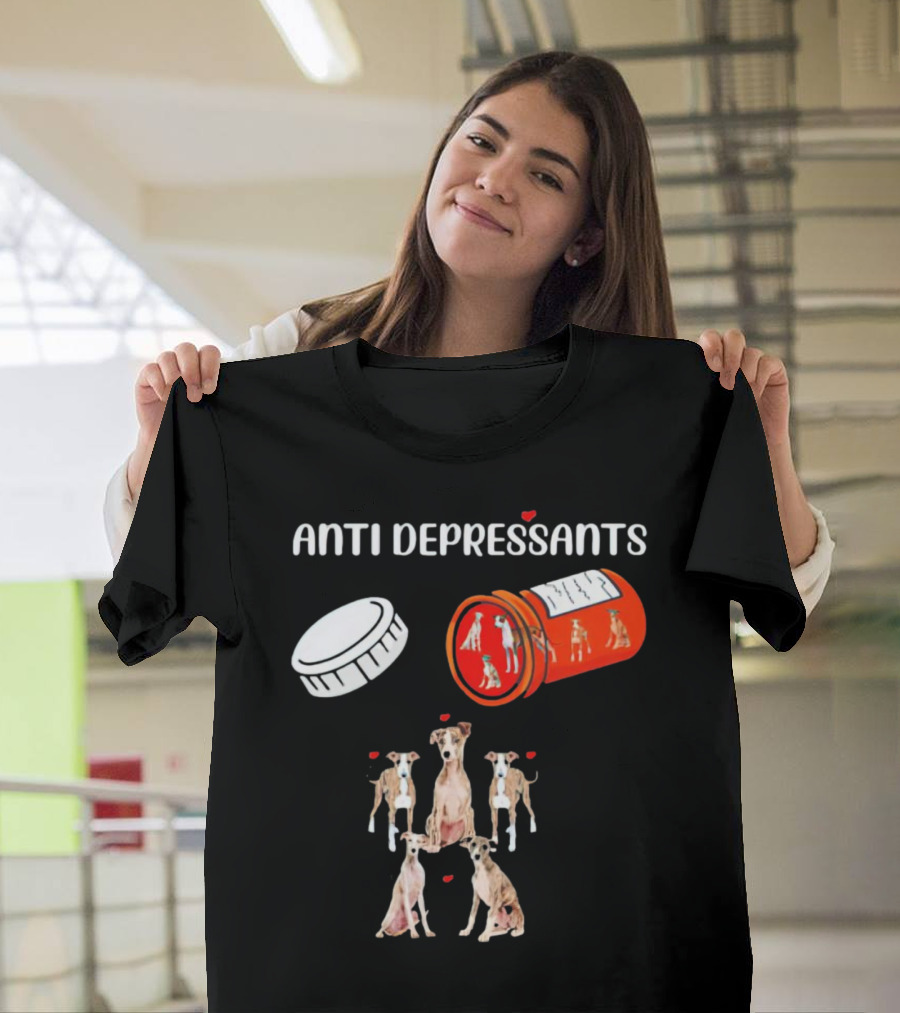 Anti Depressants Dogs Medicine Bottle With Greyhound Puppies T-Shirt