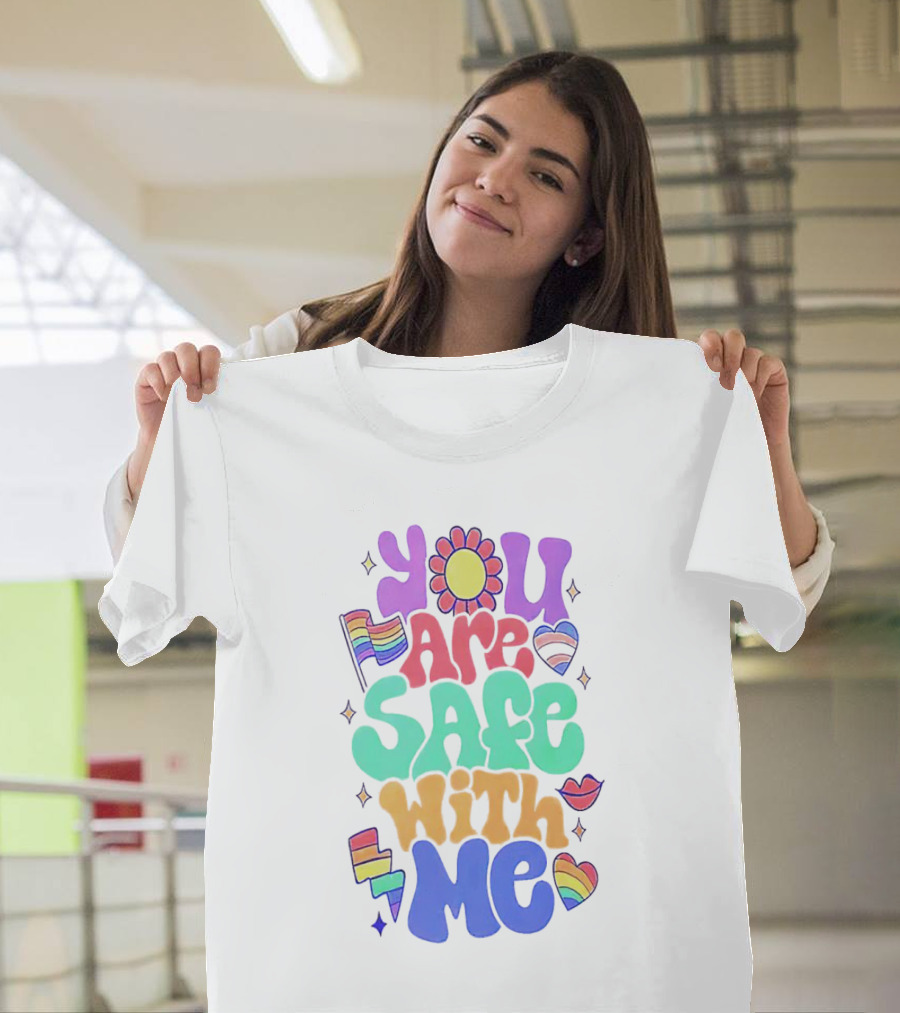 You Are Safe With Me Pride Rainbow Hearts and Flag T-Shirt