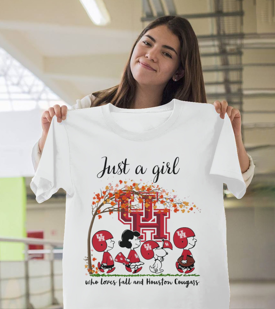 Just A Girl Who Loves Fall And Houston Cougars Peanuts Cartoon T-Shirt