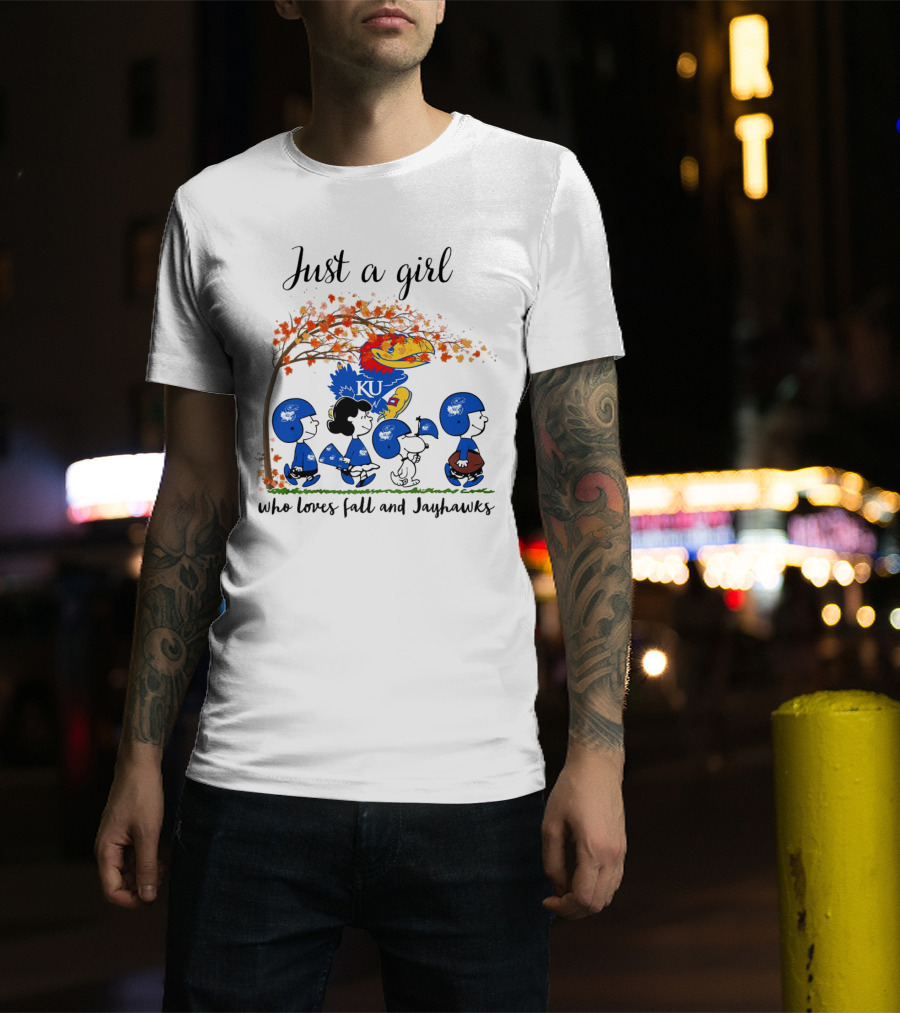 Just A Girl Who Loves Fall And Jayhawks Peanuts Cartoon Halloween KU T-Shirt