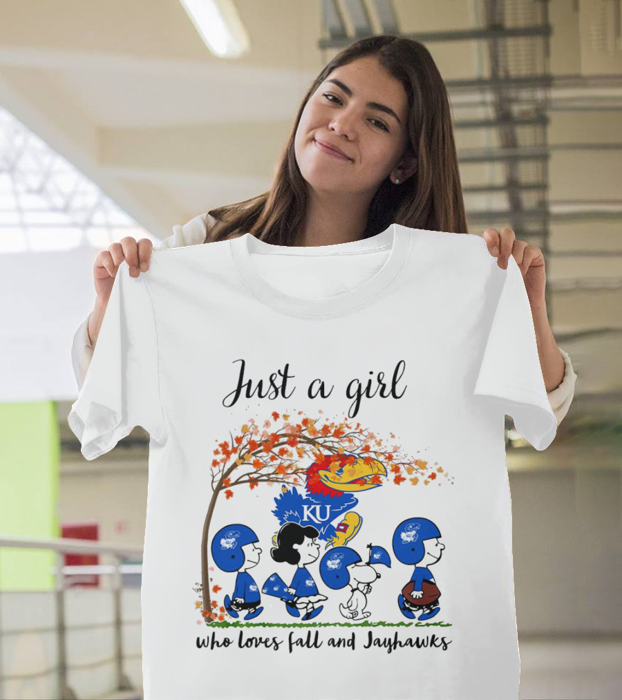 Just A Girl Who Loves Fall And Jayhawks Peanuts Cartoon Halloween KU T-Shirt