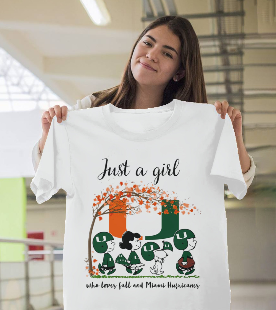 Just A Girl Who Loves Fall and Miami Hurricanes Peanuts Cartoon T-Shirt