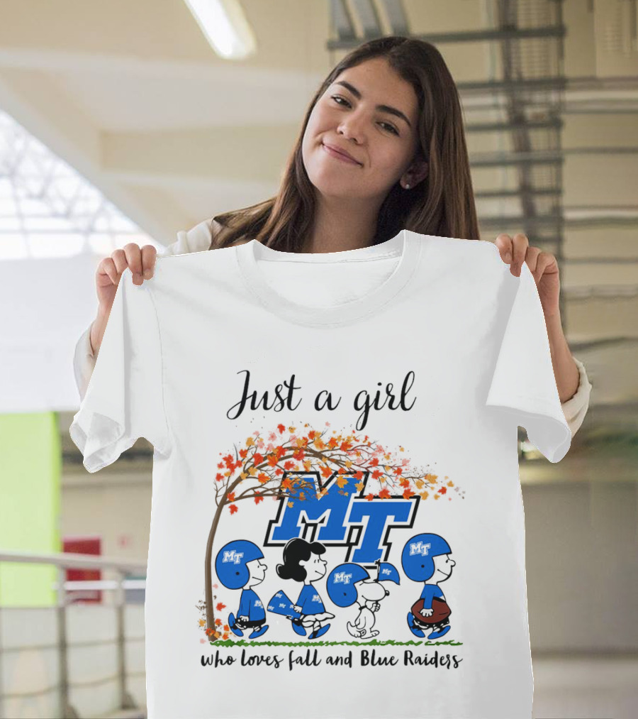 Just A Girl Who Loves Fall And Middle Tennessee Blue Raiders Peanuts Cartoon T-Shirt
