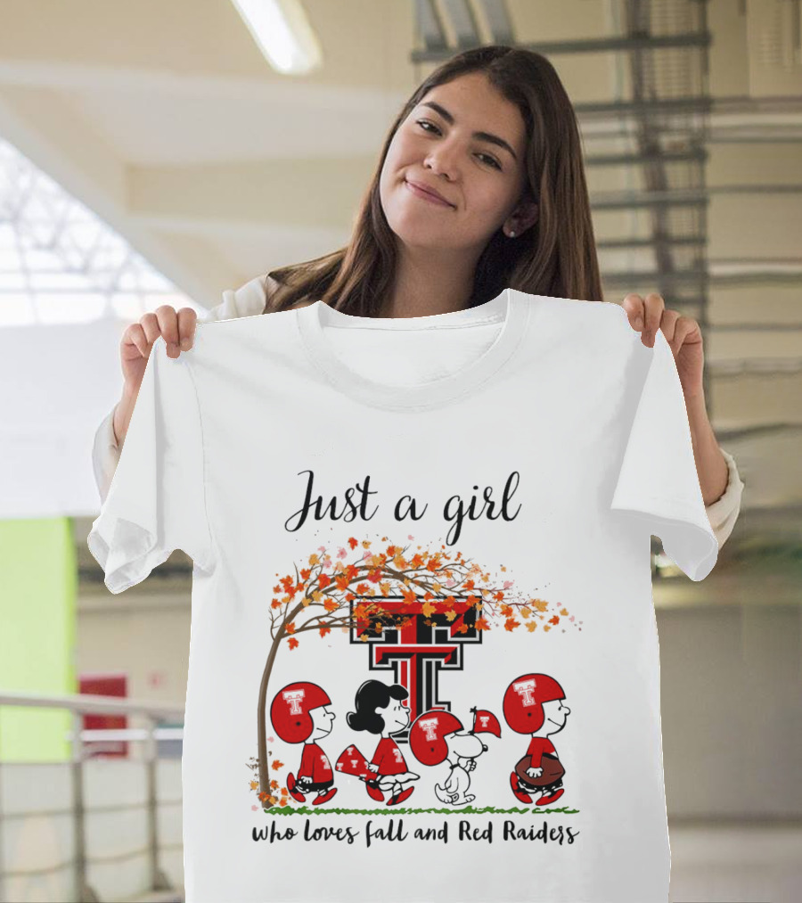 Just a Girl Who Loves Fall and Red Raiders Peanuts Cartoon Football Fans T-Shirt