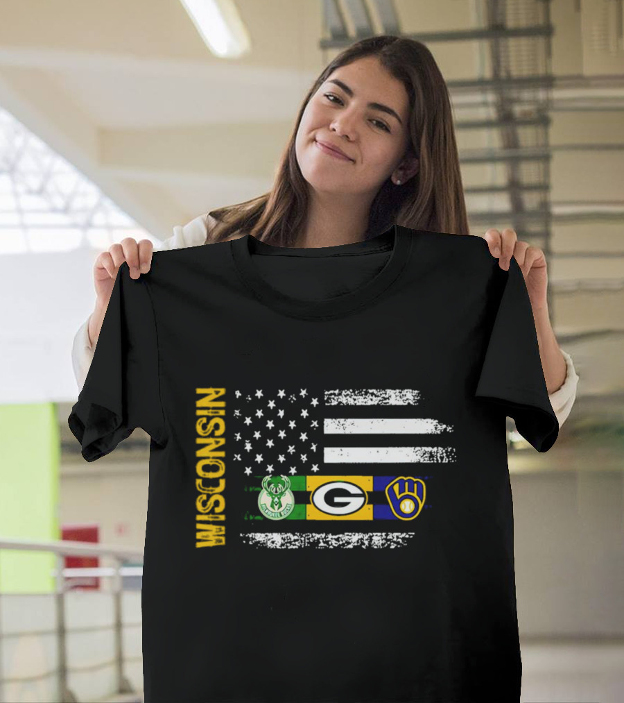 Wisconsin Flag American Sports Green Bay Packers Milwaukee Bucks Milwaukee Brewers T-Shirt