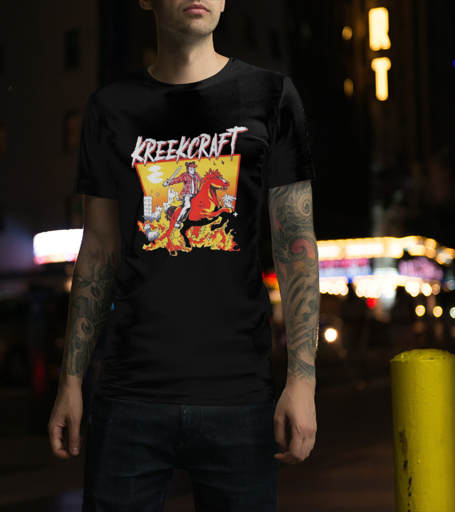 Kreekcraft Warrior Riding Fiery Horse In Urban Landscape T-Shirt