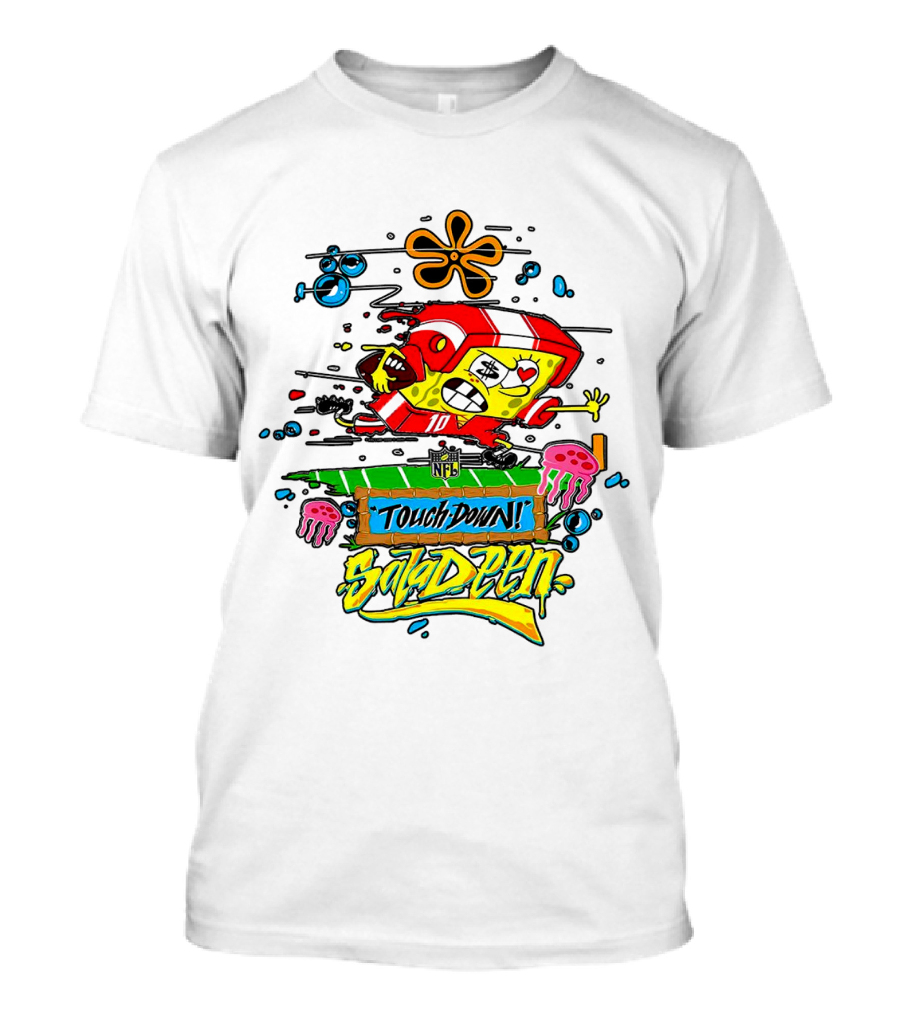 NFL Junk Food SpongeBob X King Saladeen Touchdown Saladeen Graffiti Art Football Character Burst T-Shirt