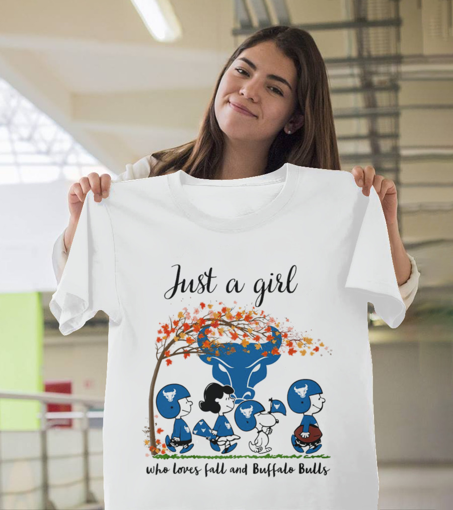 Just A Girl Who Loves Fall and Buffalo Bulls Peanuts Cartoon T-Shirt