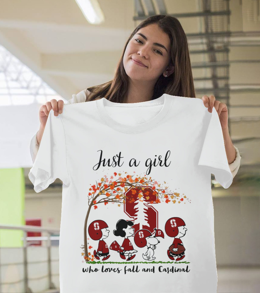 Just a Girl Who Loves Fall and Cardinal Peanuts Cartoon Football T-Shirt