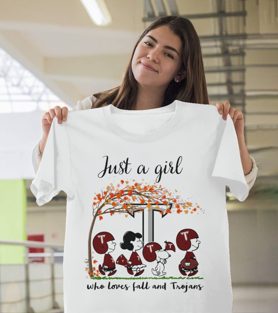 Just A Girl Who Loves Fall and Trojans Peanuts Cartoon T-Shirt
