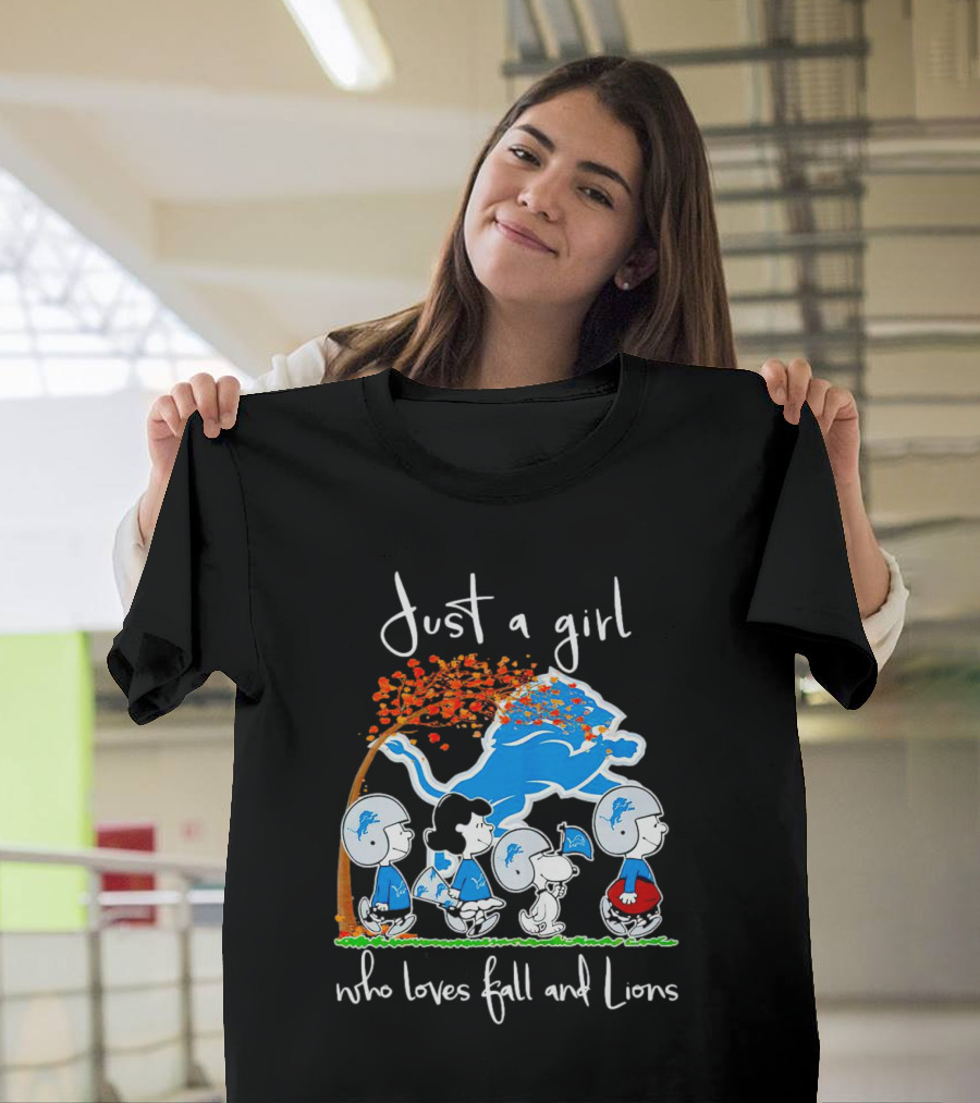 Snoopy Peanuts Just A Girl Who Loves Fall And Detroit Lions Football T-Shirt