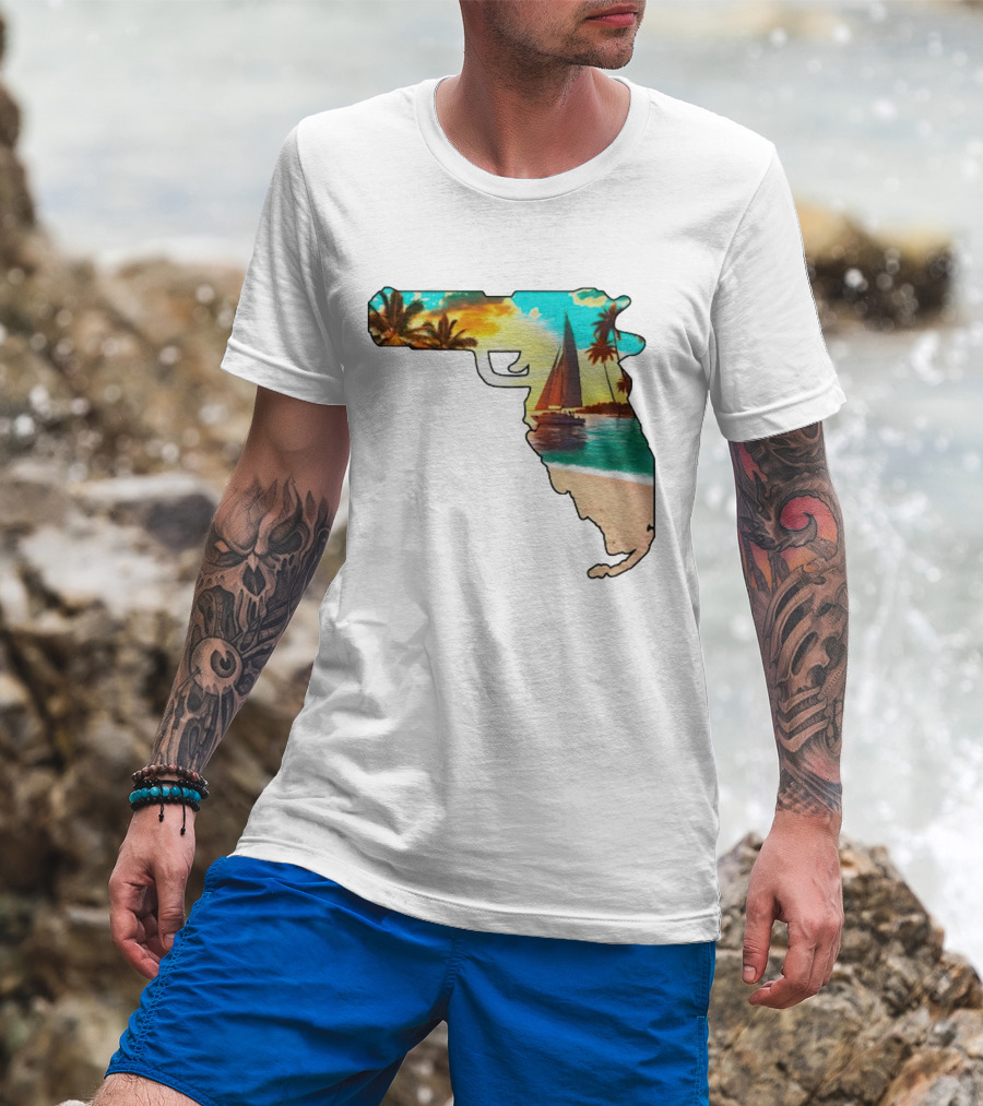 Florida Sunset Beach Sailboat Gun Shape T-Shirt