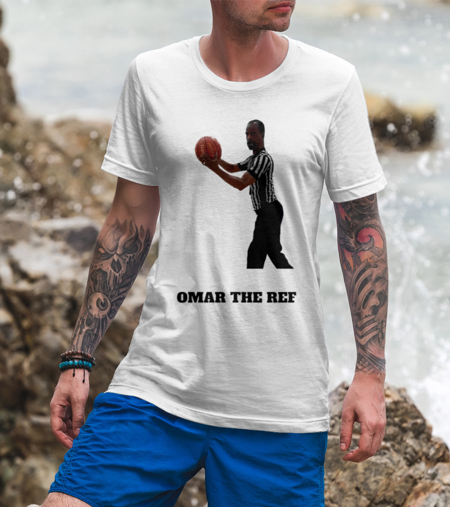 Omar The Ref Holding Basketball In Striped Uniform T-Shirt