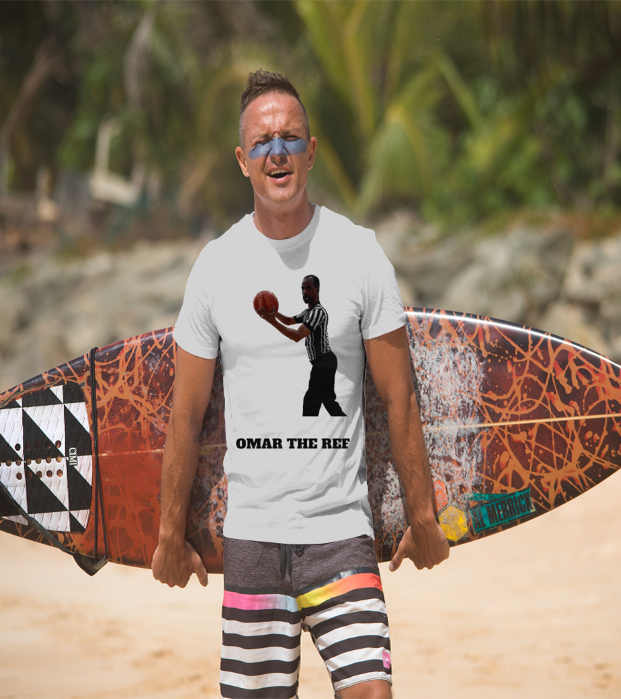 Omar The Ref Holding Basketball In Striped Uniform T-Shirt