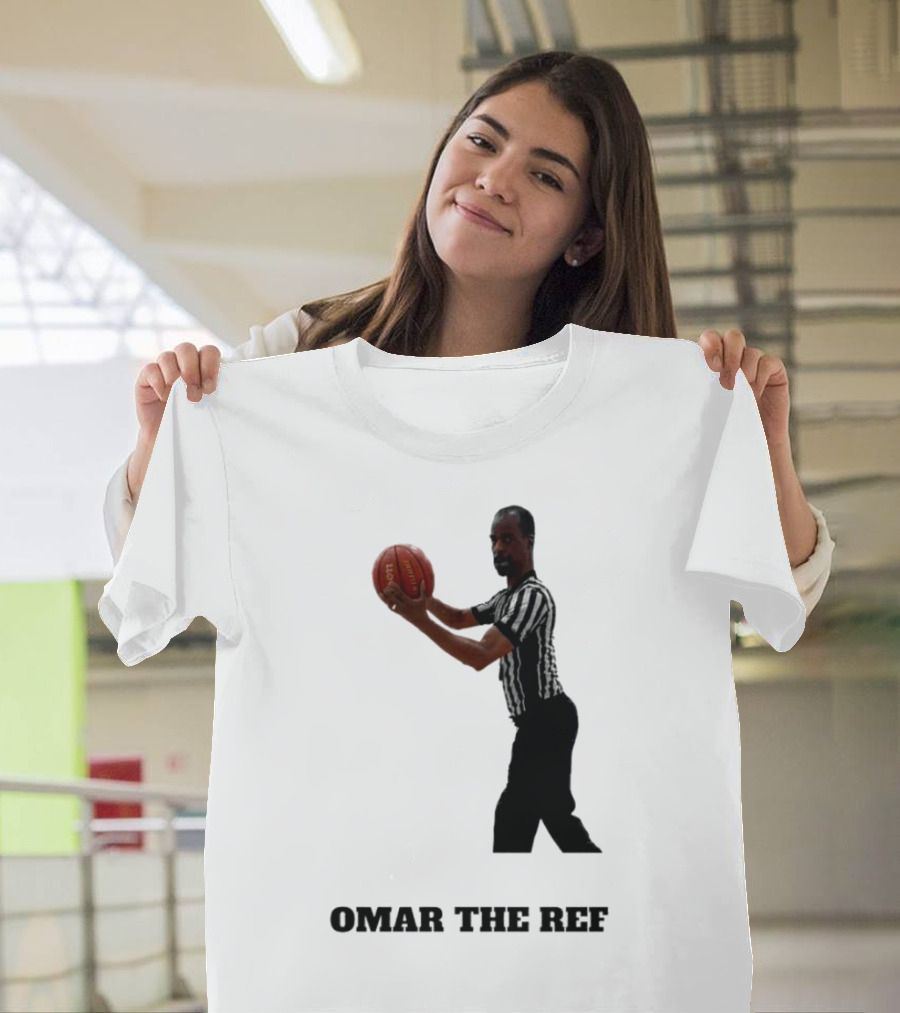 Omar the Ref Holding Basketball in Striped Uniform T-Shirt
