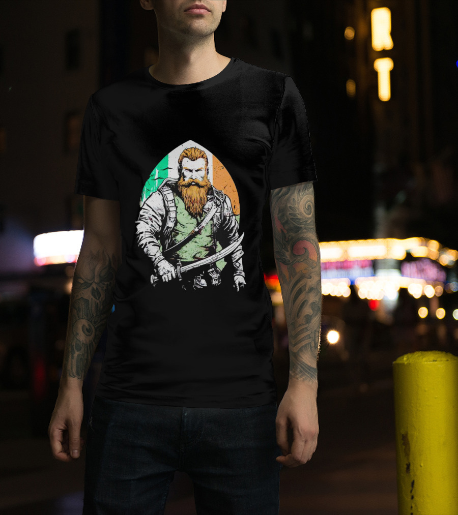 Irish American Pride Warrior With Sword And Flag Background T-Shirt