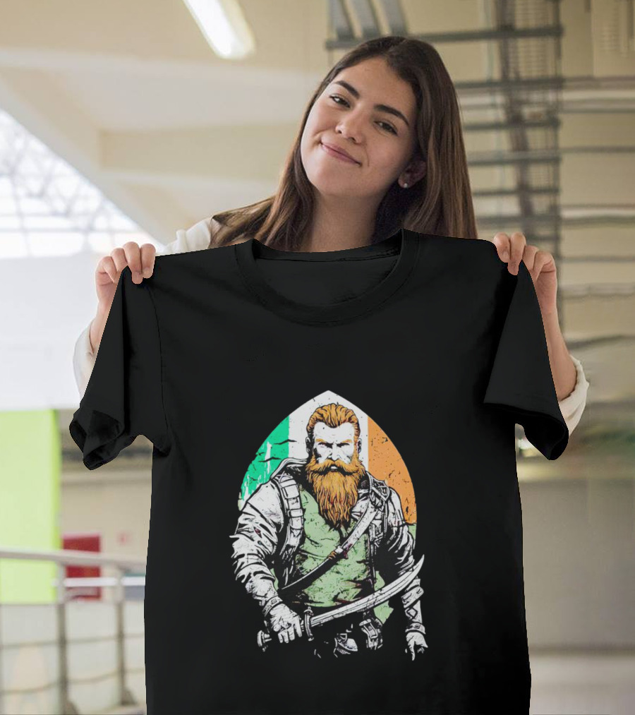 Irish American Pride Warrior with Sword and Flag Background T-Shirt