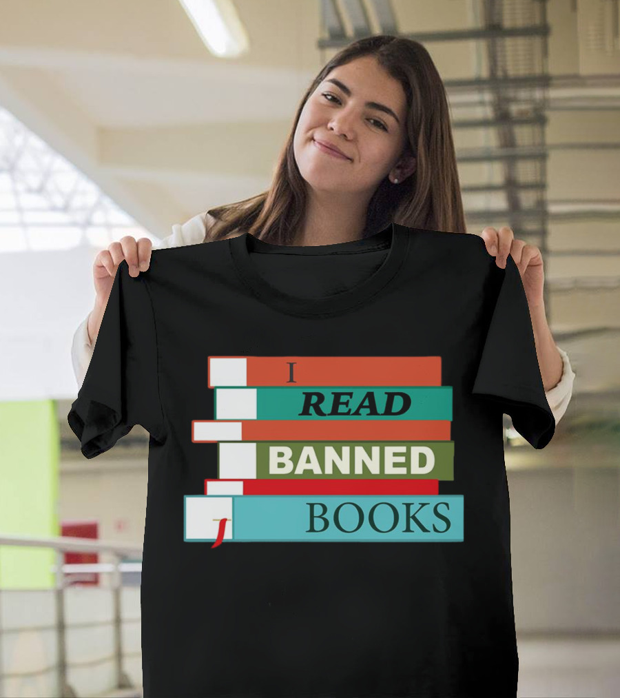 I Read Banned Books Stacked Colorful Titles T-Shirt