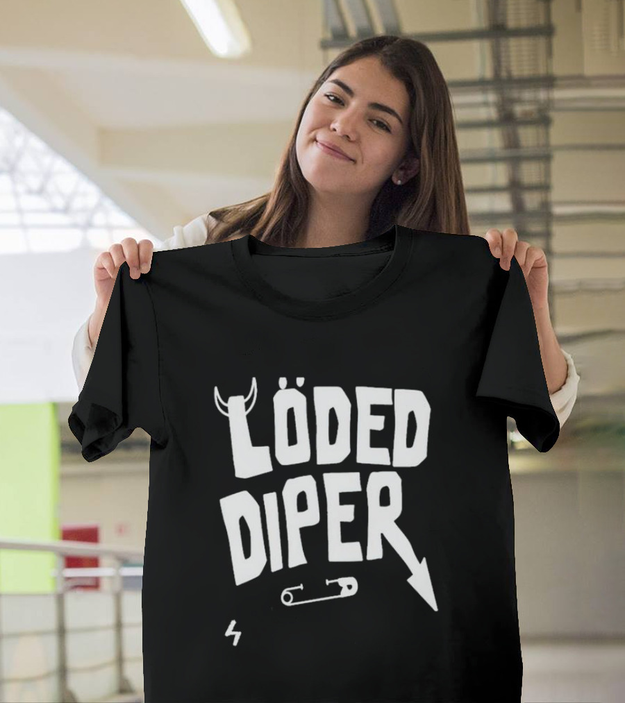Löded Diper Band Logo with Horns, Arrow, Safety Pin, and Lightning Bolt T-Shirt