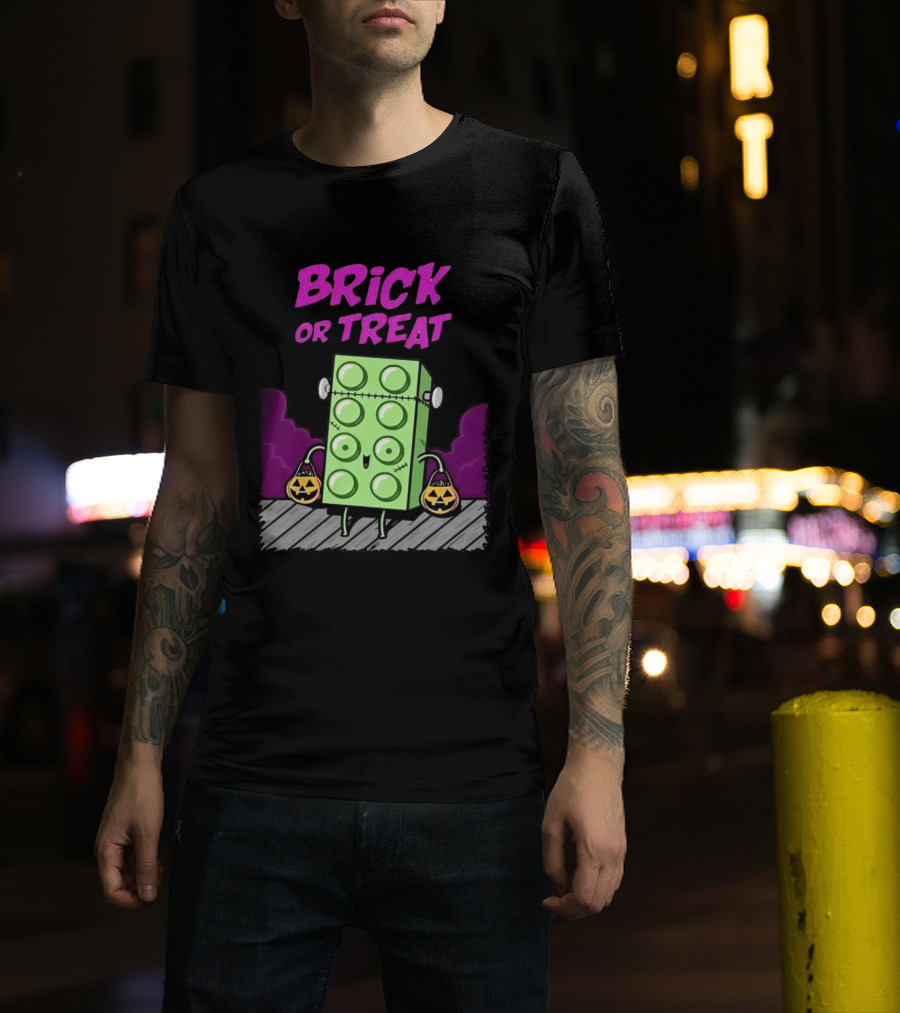 Brick Or Treat Halloween Green Block With Jack-o'-Lanterns Cartoon T-Shirt