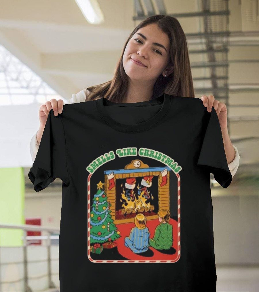 Smells Like Christmas By The Fireplace With Christmas Tree And Stockings T-Shirt
