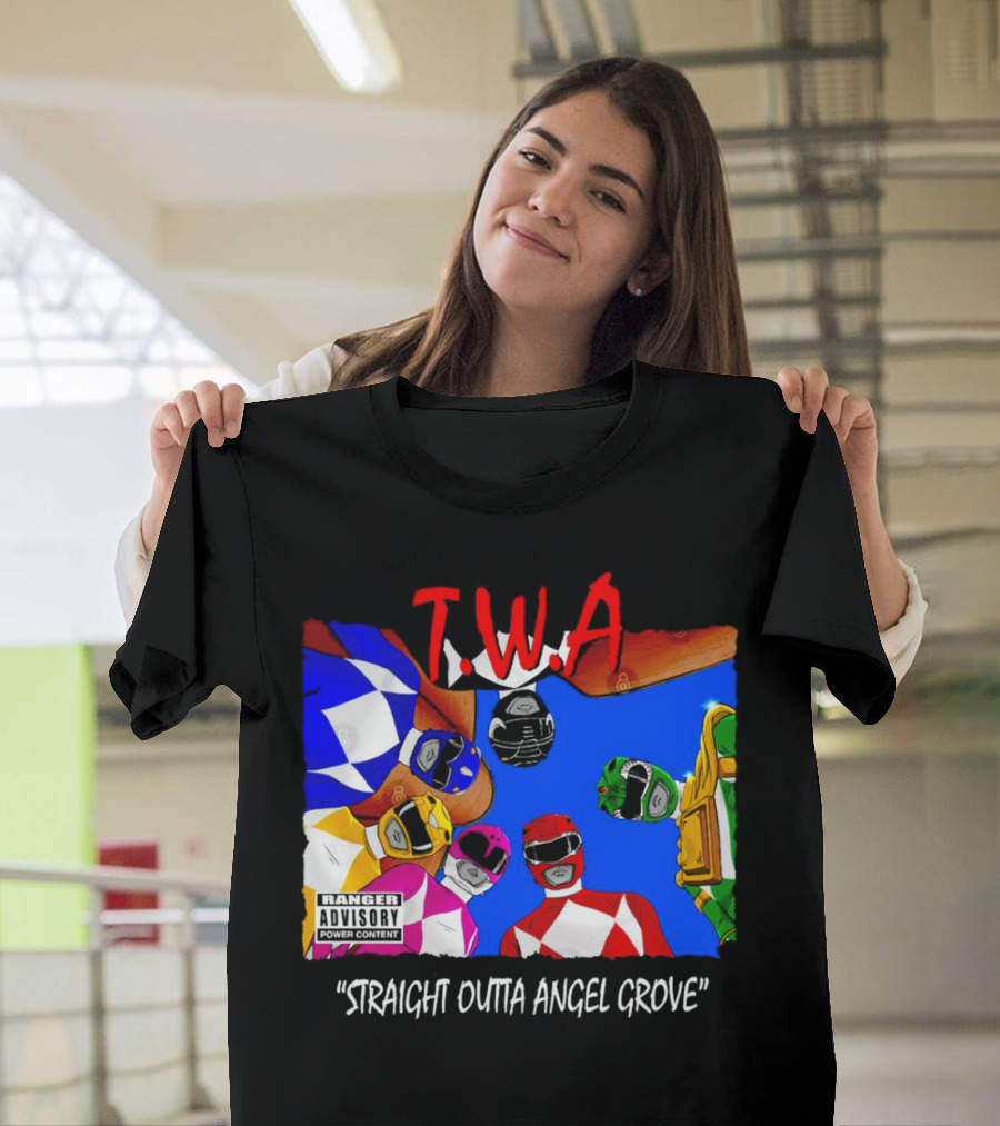 T.W.A Mighty Morphin Power Rangers Straight Outta Angel Grove Ranger Advisory Power Content T-Shirt